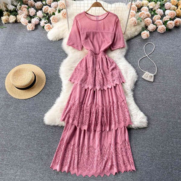 

casual dresses french lace cake dress short sleeved women's light mature style elegant fashion temperament narrow waist slim skirt j6wu, Black;gray