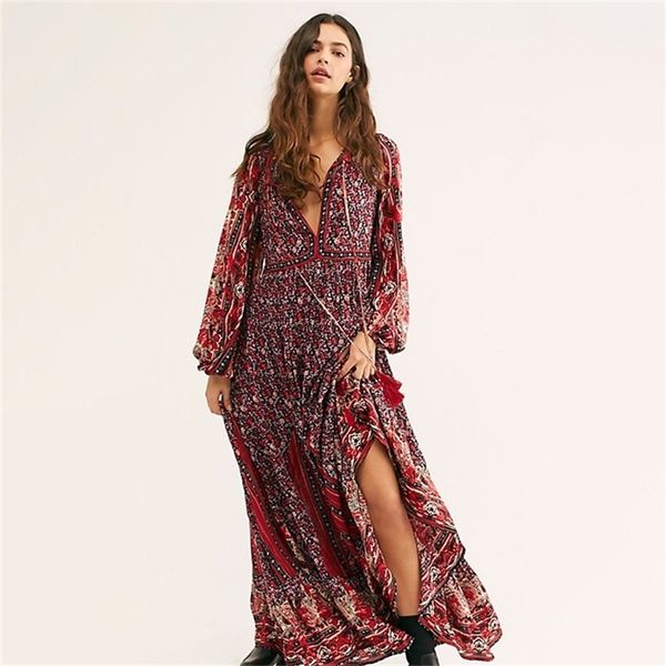 

hippie floral print midi dress spring v neck long sleeve vintage women long dress boho beach loose casual wear vestido t200604, Black;gray