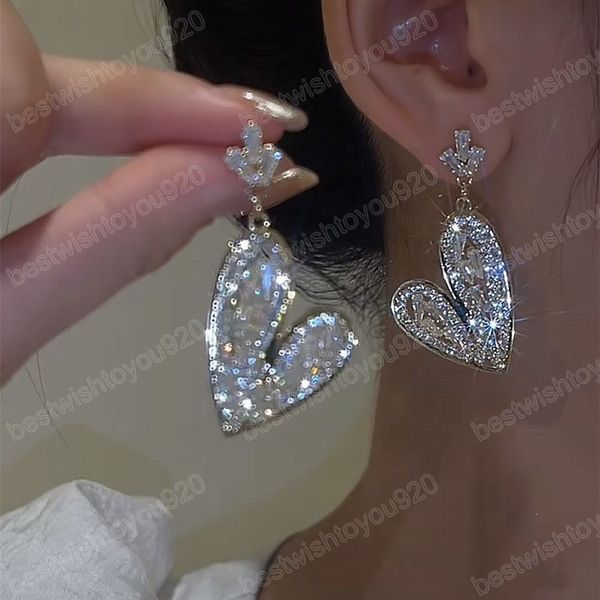 

exquisite big heart shiny crystal dangle earrings for women rhinestones pendientes earrings luxury party jewelry aretes de mujer, Silver