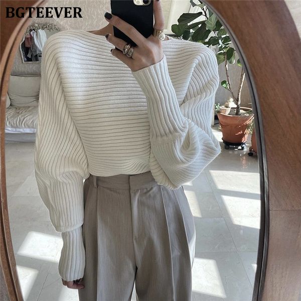 

elegant slash neck lantern sleeve female knitting 2021 autumn winter loose women pullover sweaters ladies knitwear, White;black