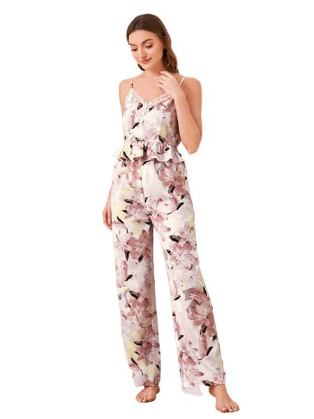 

floral print eyelash lace trim peplum pj set c8qm#, Black;red