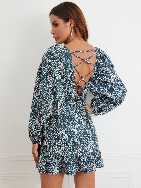 

sweetheart neck ditsy floral lace up back lantern sleeve dress i3yn#, Black;gray