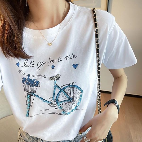 

women's t-shirt beaded print pink cotton t shirt 2022 summer short sleeve women white tshirt korean style woman clothes femmewomen&#039