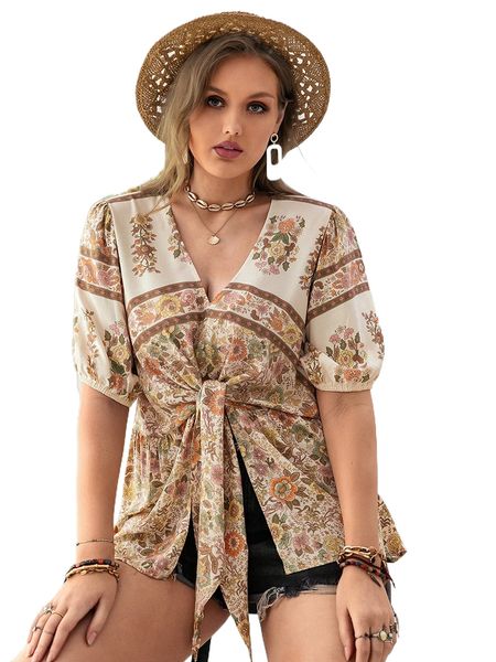 

rusttydustty plus floral print puff sleeve knot front blouse d2dl#, Black