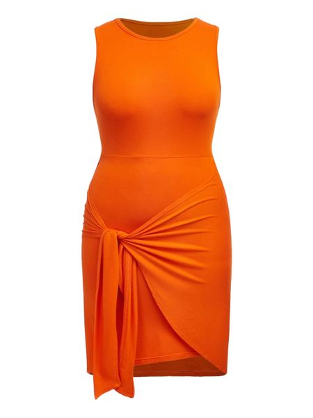 

plus solid tie front dress 77cv#, Black