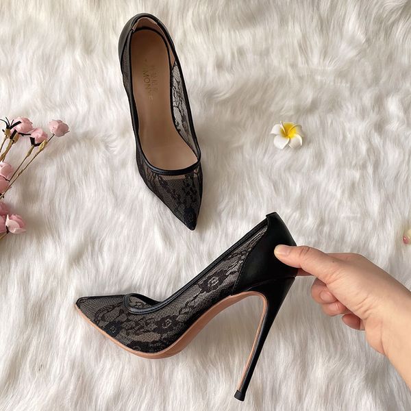 

fashion brand red bottom women's shoes gauze pointed toe thin heels pumps perspective black lace mesh nightclub sstiletto high heel sin