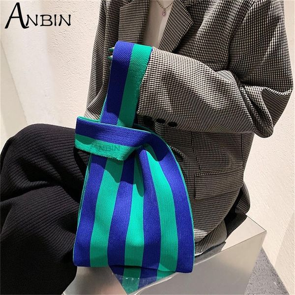 

womens japanese knot casual color wide stripe handbag fashion knitted shoulder student capacity reusable shopping wrist bag 220707
