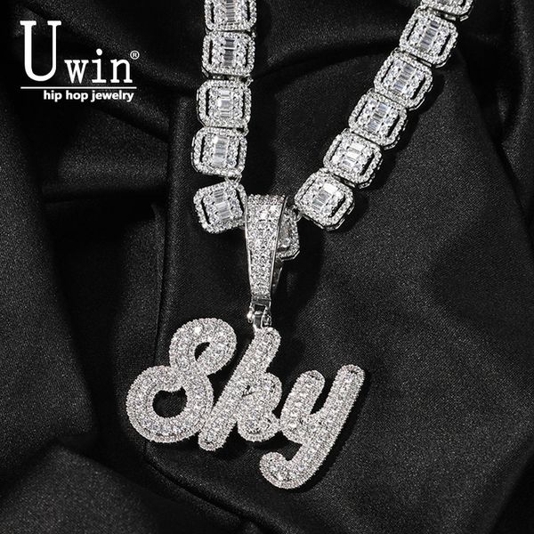 

uwin brush cursive letter custom name necklace with small baguette chain iecd outfull iced out zircon pendant gift hiphop 220722, Silver