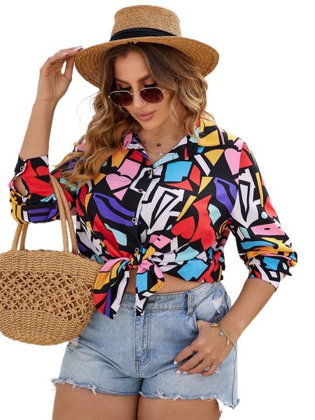 

plus allover geo print shirt i7tr#, Black