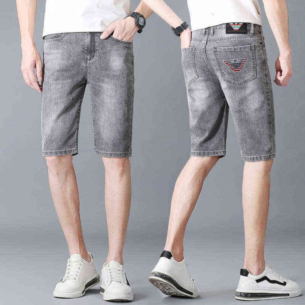 

shorts denim men's korean stretch slim straight tube embroidery black grey 5-point pants, Blue