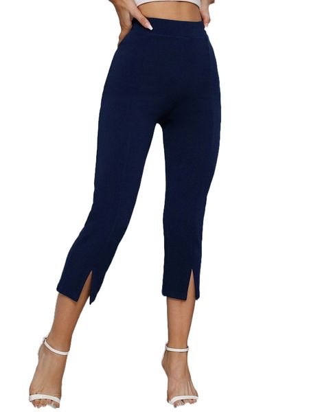 

solid split hem pants p2b2#, Black;white