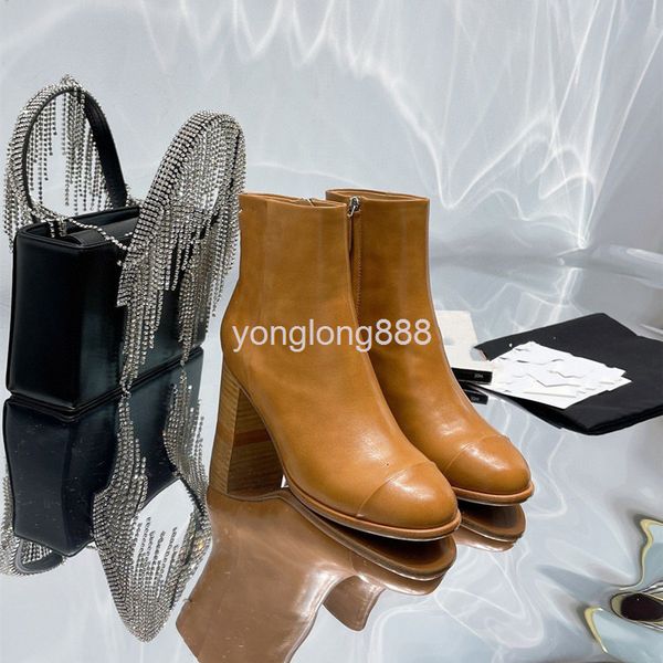 

boots high end quality women's shoes autumn winter thick heel round head side zipper patent leather high-heeled short boots martin, Black