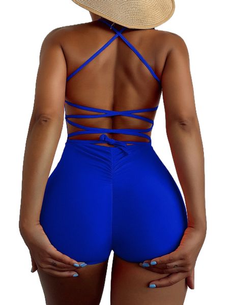 

cut out lace up ruched strappy back one piece swimsuit 463a#, White;black