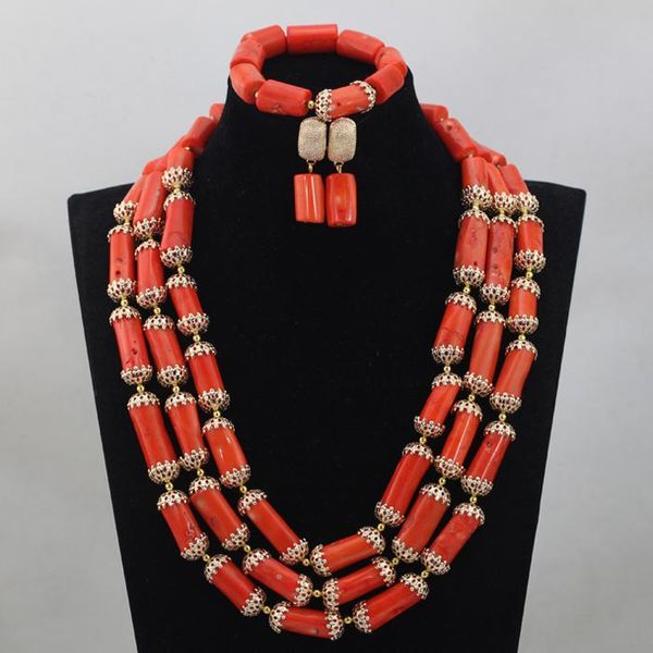 Ohrringe Halskette Top Design 3 Reihen Nigerian Afrikanischen Orange Korallen Perlen Hochzeit Schmuck Set Kostüm Großhandel CJ747Earrings