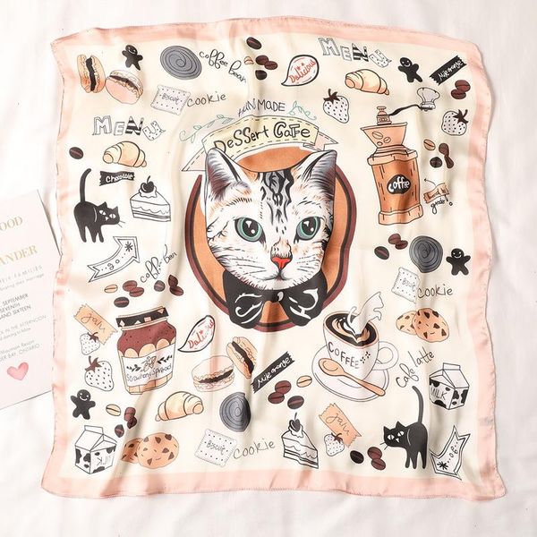 70cm Silk Square Scharf Women Women Cartoon Cat Bag Print Foulard Big Hijab Bandana Lady Neckerchief de alta qualidade FJ095