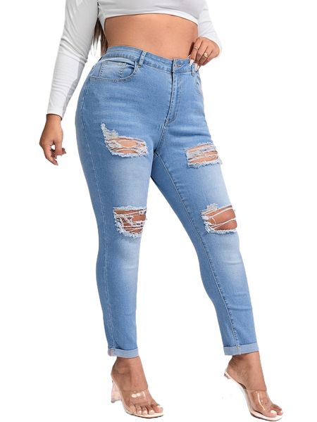 

plus high waist ripped roll up hem skinny jeans b7n1#, Blue