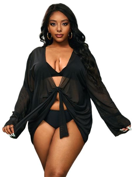 

plus knot front sheer cover up dress without bikini z8sy#, Black