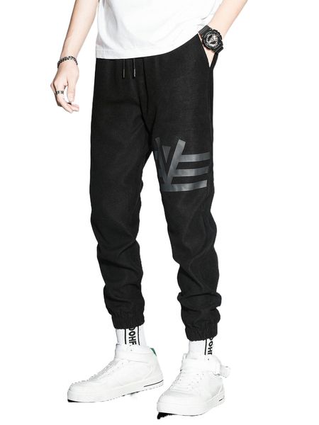 

men graphic print drawstring waist tapered pants x26k#, Black