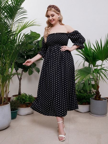 

plus polka dot print off shoulder shirred flounce sleeve dress j97z#, Black