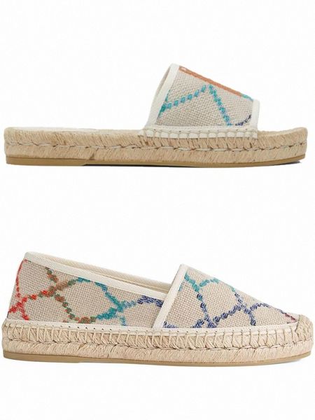 

2022 womens espadrille slides flat slippers fashion jacquard espadrilles with silver hardware size euro 35-42 64ap#, Black