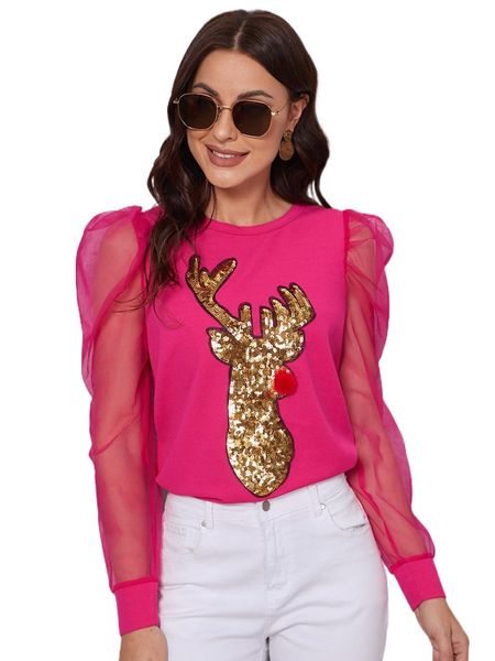 

sequin christmas elk pattern contrast mesh puff sleeve 48pq#, White