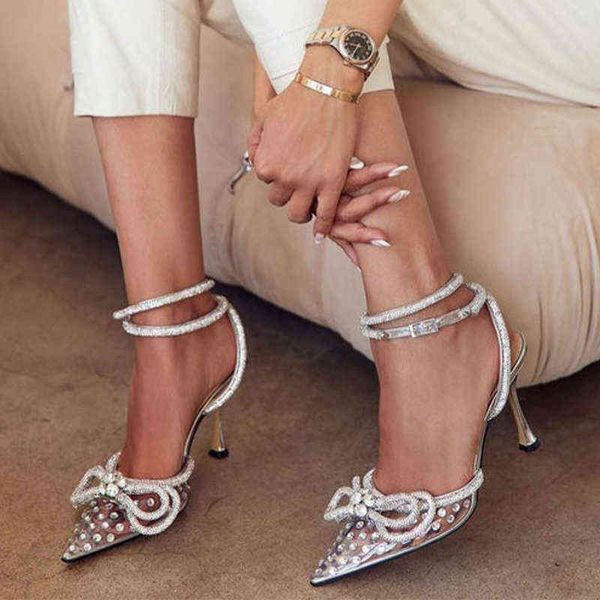 

sandals women crystal high heels sandals bow ankle buckle ladies shoes thin heel shoes fashion summer female pumps 2022 220325, Black