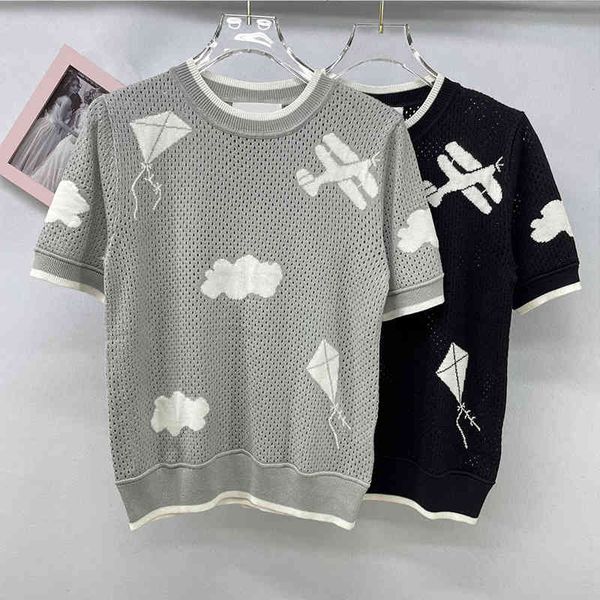 

women's knits & tees high end boutique round neck hollow design loose cloud aircraft kite jacquard knitted mesh short sleeve, White