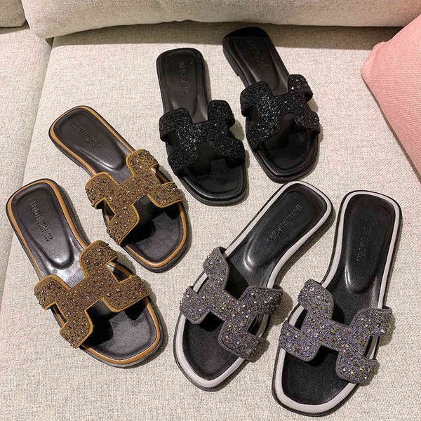 

luxury designer women's slippers korean version 41-43 large slipper's summer 2022 fashion wear flat bottomed beach sho, h cool sli, Black