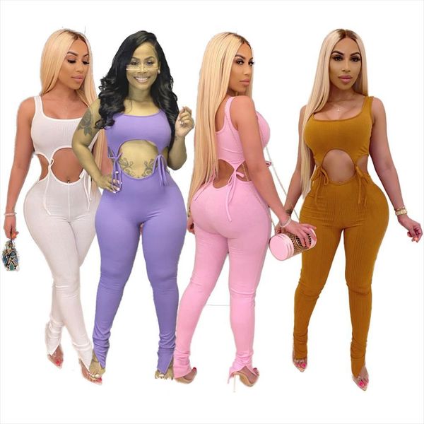 

bandage fitness women jumpsuits sleeveless hollow out lace up o-neck night club party one piece outfits, Black;white