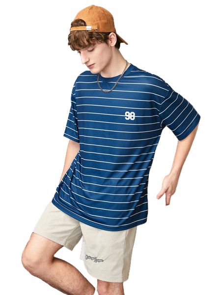 

men striped & number print drop shoulder tee f8mr#, White;black