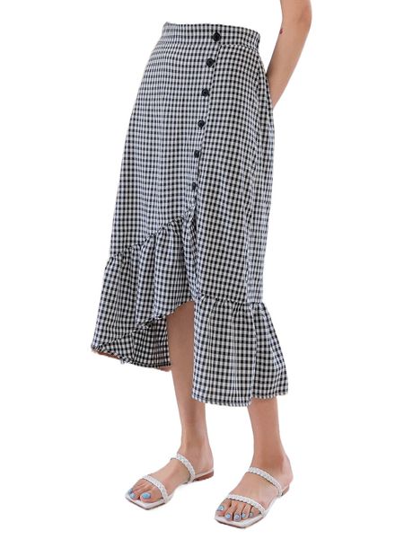 

dazy gingham button front ruffle hem skirt p26d#, Black