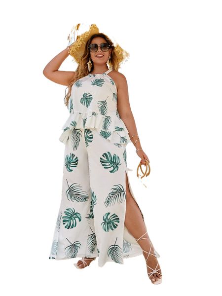 

plus tropical print ruffle hem halter x8jo#, Black