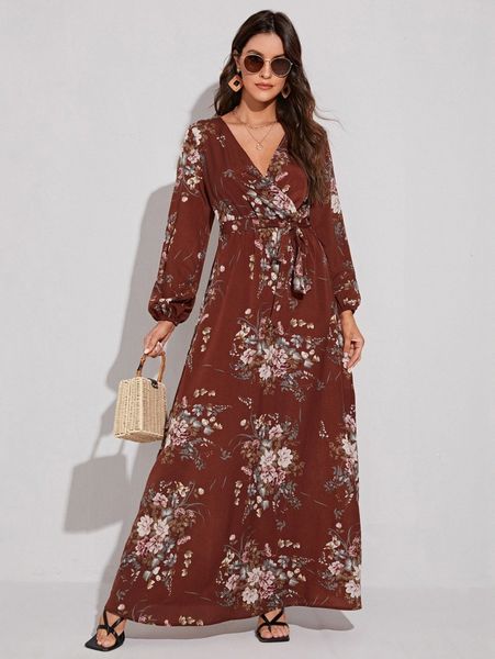 

tall floral print belted dress l1jx#, Black;gray