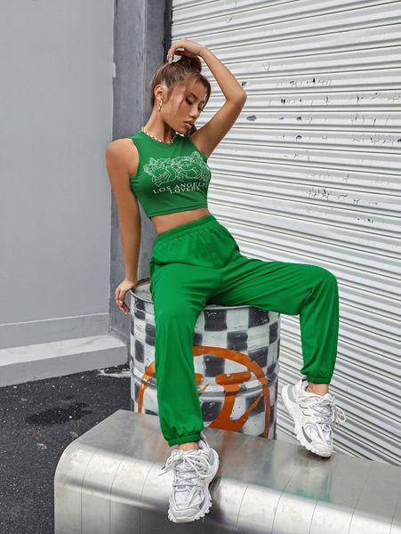 

letter and angel print tank & sweatpants 456y#, White