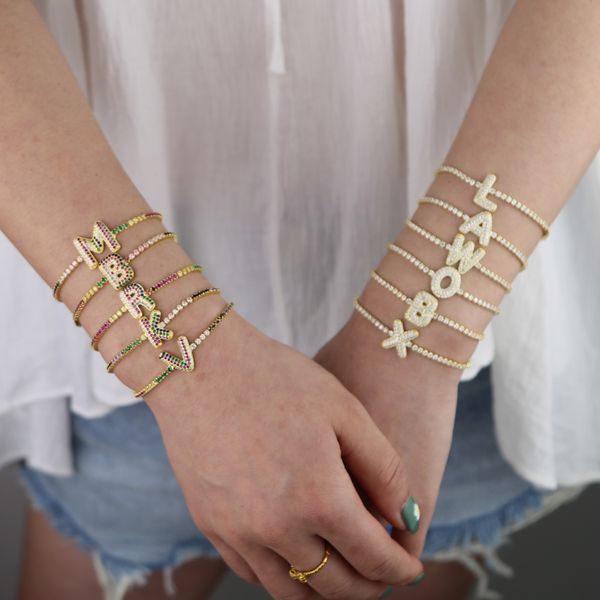 

new bracelet gold color rainbow colorful thin white cz tennis chain 26 letter initial adjust chains bracelets custom name fashion jewelry, Golden;silver