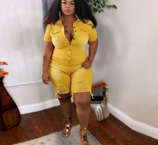

plus-size women's slim ripped jean one-piece shorts yellow, Black;red