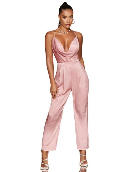 

bae draped collar crisscross backless cami jumpsuit p6r0#, Black;white