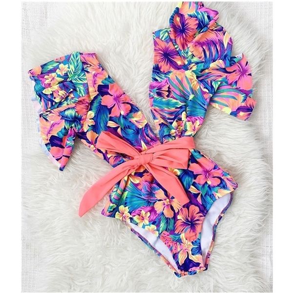 

2020 1pc swimsuit female swimwear women deep v belt bathing suit print ruffle beach wear bodysuit high cut monokini t200708, White;black
