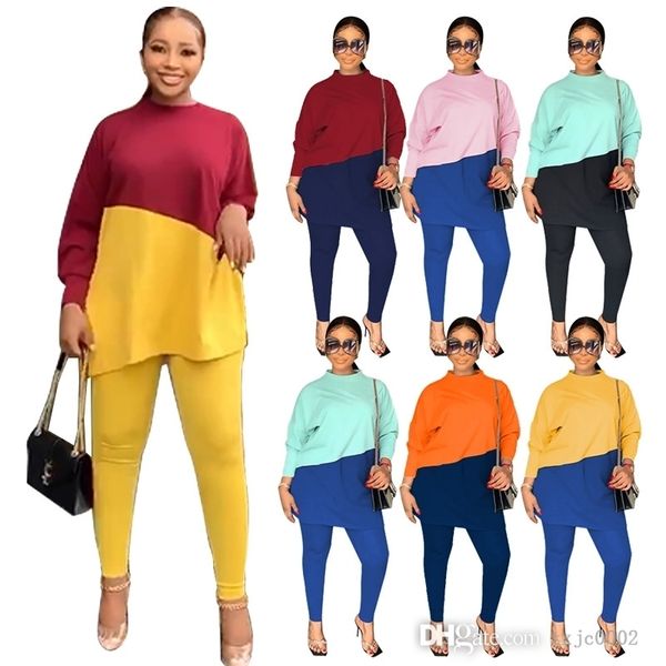 

2022 fall women two piece pants sets fashion contrast color stitching long sleeve loose sweater and leggings jogging suit, White