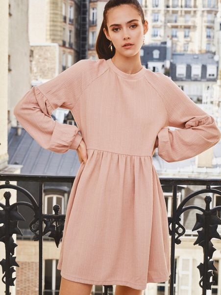 

cable textured lantern sleeve smock dress v8y8#, Black;gray