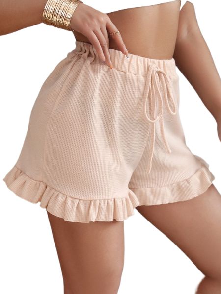 

waffle knit knot waist ruffle hem shorts t4dc#, White;black