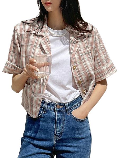 

dazy plaid lapel neck crop blouse d4n2#, White