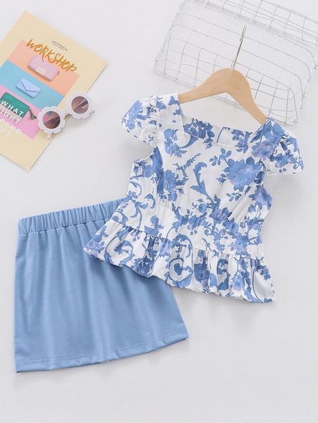 

toddler girls floral print square neck ruffle hem & skirt she, White