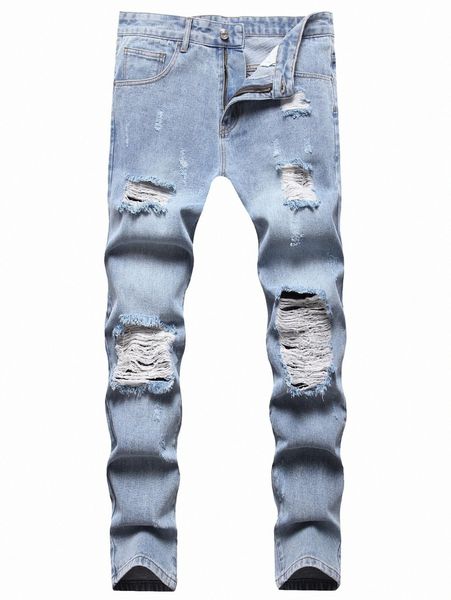 

romwe guys light washed ripped jeans j0wt#, Blue