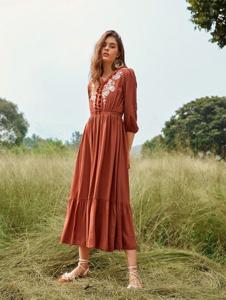 

floral embroidery pom pom detail dress 49gz#, Black;gray