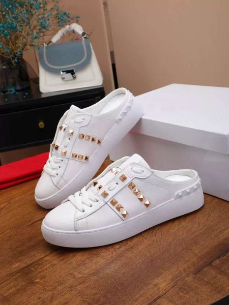 

designer valentions genuine leather women's sneaker casual shoes new rivet flat white lace up''valentinoe''valentin, Black