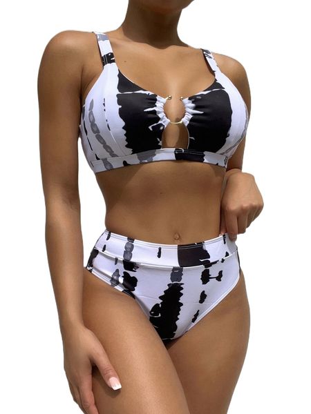 

allover print ring linked cut-out bikini swimsuit 42f6#, White;black