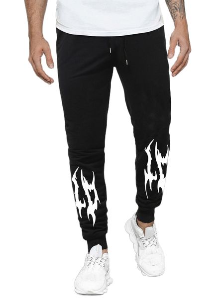 

men graphic print drawstring waist sweatpants z07k#, Black