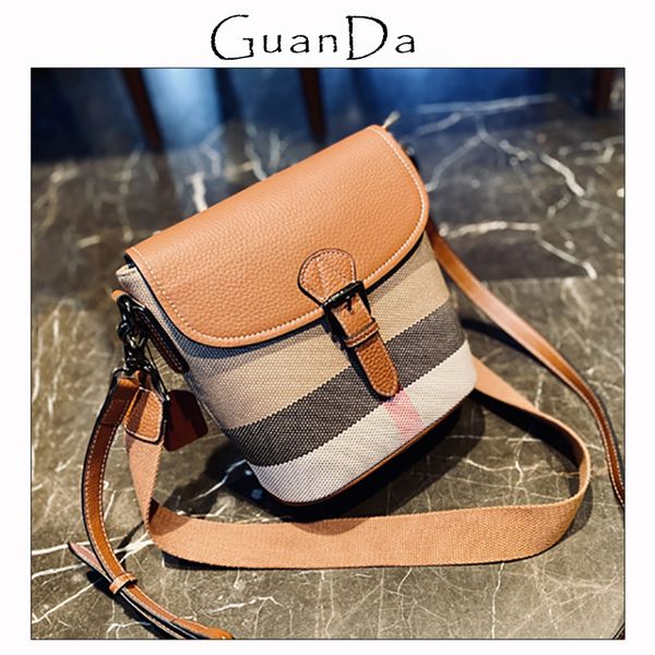 

fashion plaid canvas women messenger bag luxury leather bucket shoulder flap bag female stripes crossbody purses and handbags