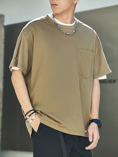 

men 1pc drop shoulder pocket patched tee z18a#, White;black